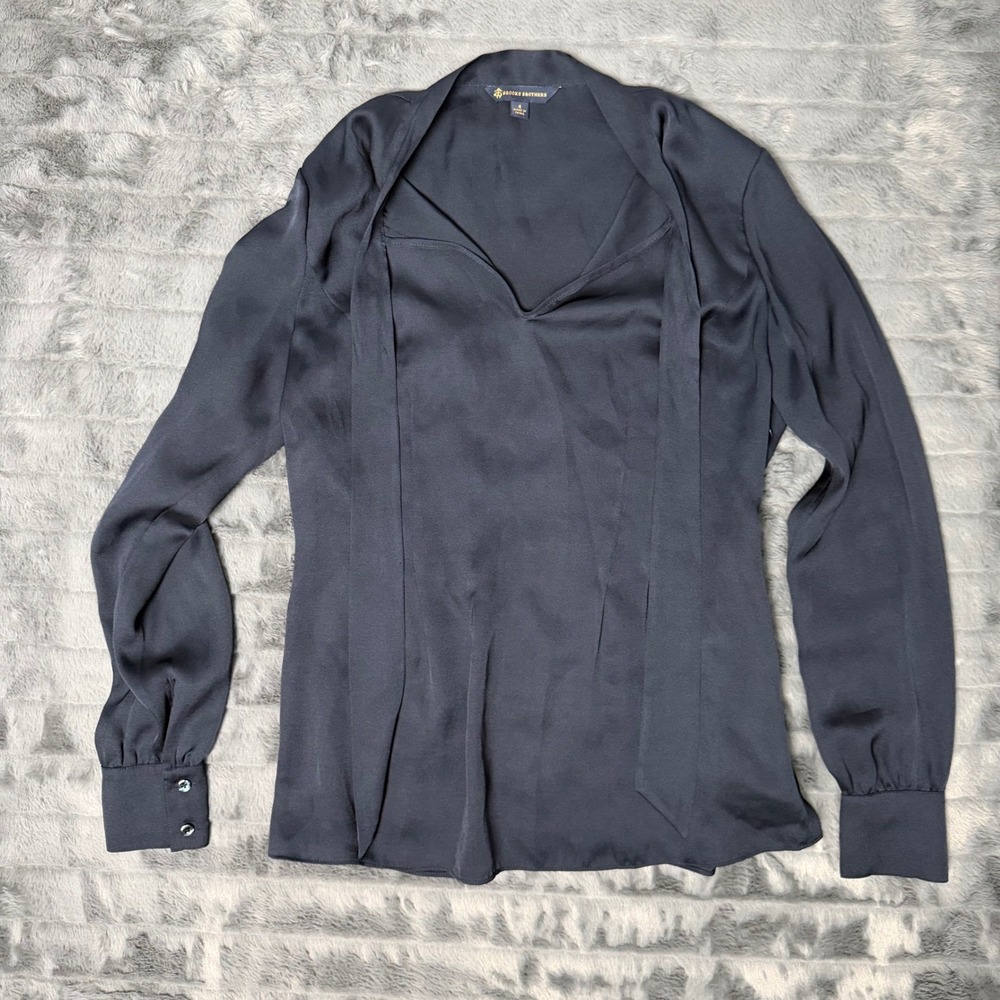 Brooks Brothers Navy Blue Satin Tie Neck Blouse Long Sleeve Top Size 4